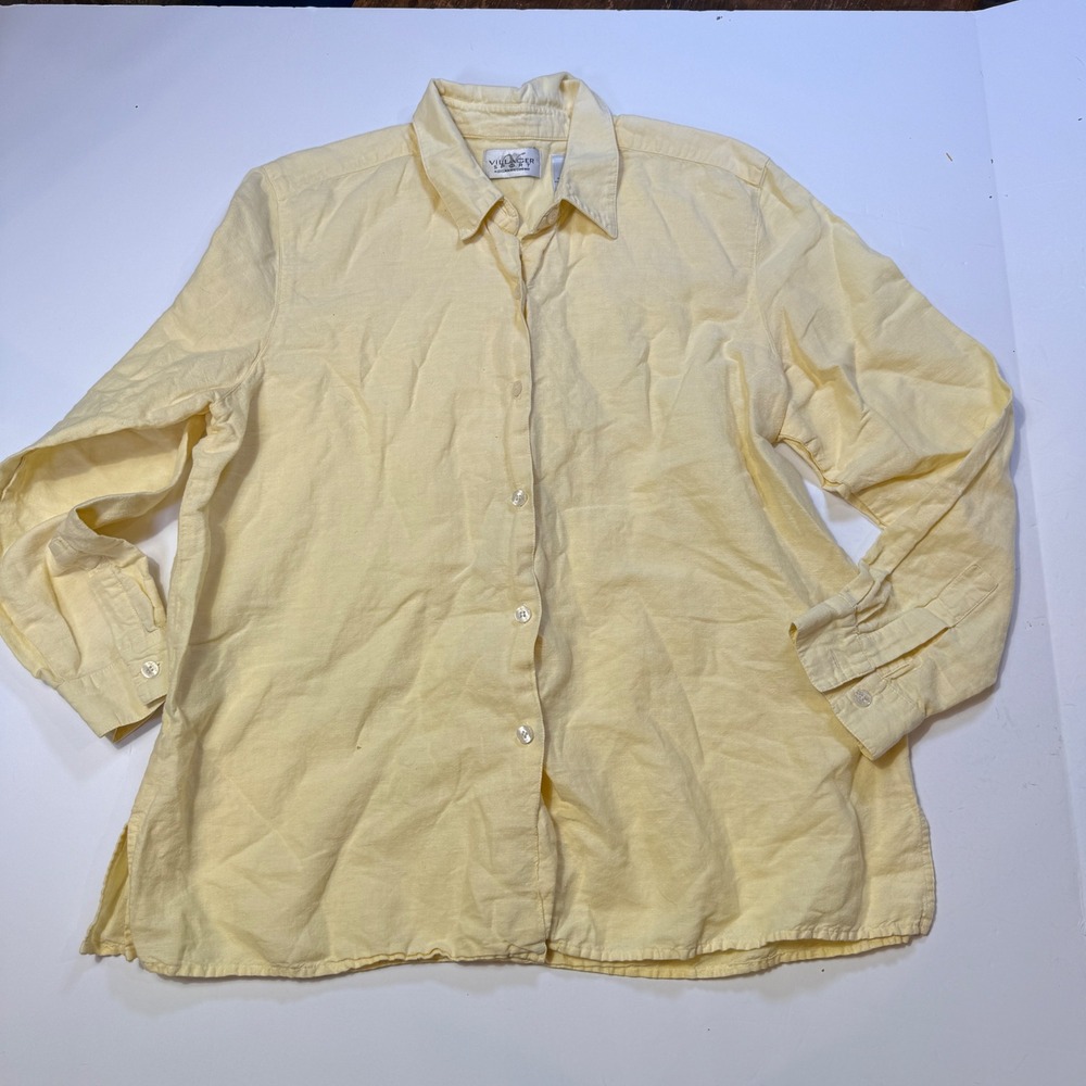 VILLAGER SPORT Shirt Womens‎ XL Yellow Linen Cotton Blend Collared Button Up